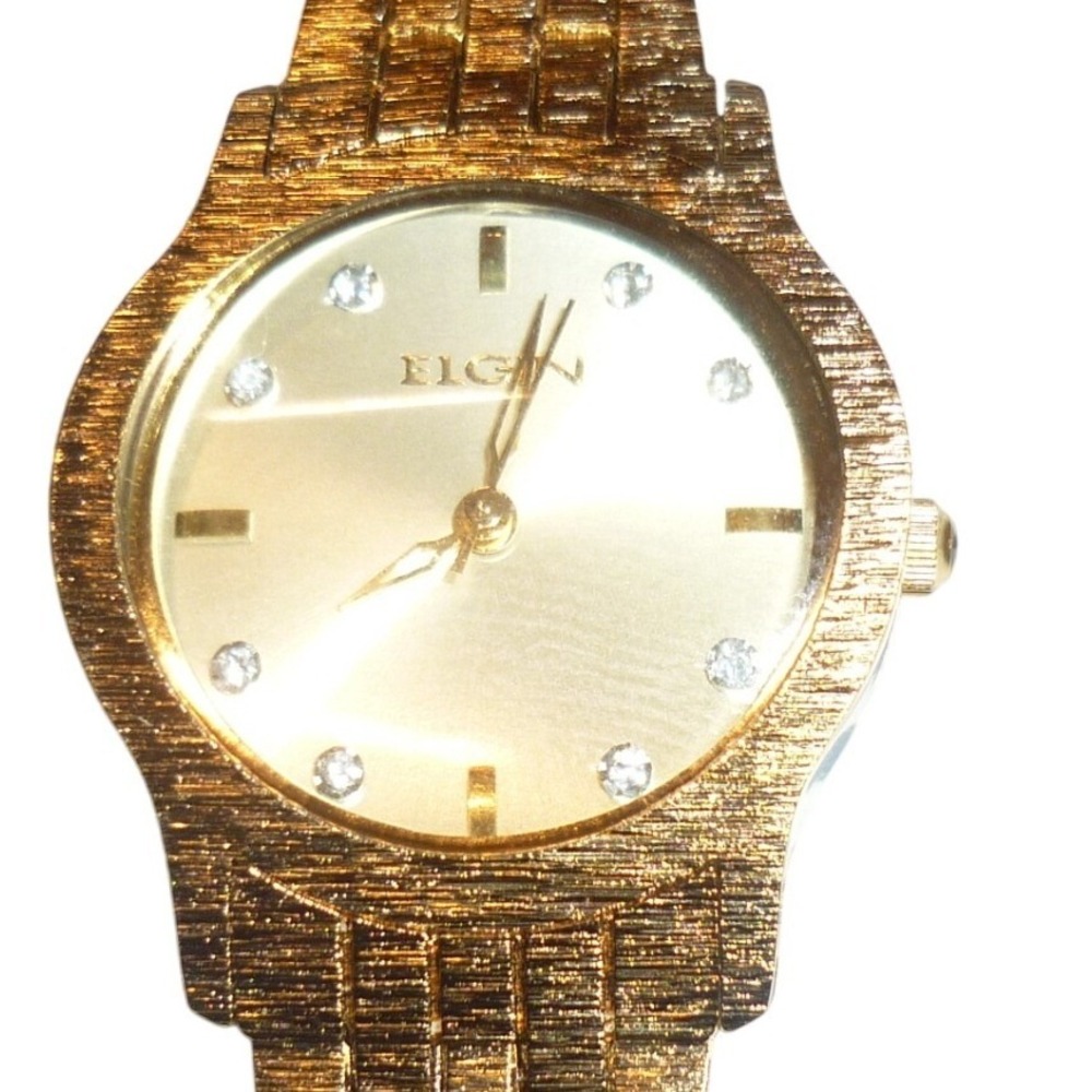 Vintage Elgin Men's Ultra Slim Gold-Tone Watch FG245 Diamond Accent‎ Bark Finish